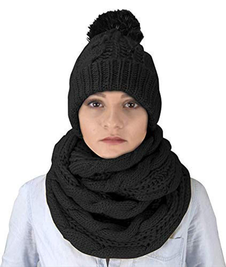 Ebony Cable Knit 2 Pair Faux Fur Beanie Hat and Infinity Loop Scarf Set