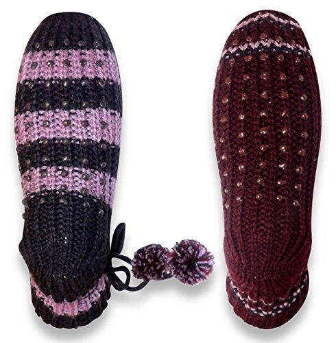 Womens Non Skid Crochet Knitted Sweater Pom Pom Slipper Socks Booties 2 Pack