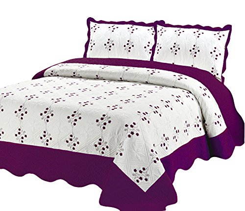 Couture Home Collection Super Fine Luxury White Floral & Hearts Print Design Embroidered Reversible Quilt Set - 100% Cotton Fill