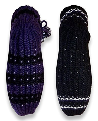 Womens Non Skid Crochet Knitted Sweater Pom Pom Slipper Socks Booties 2 Pack
