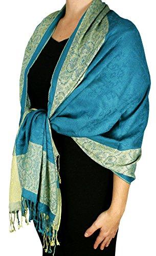 Reversible pashmina shawl featuring a teal and lime green paisley center with a detailed floral border and fringe.