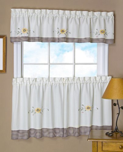 Peach Couture Graceful Vintage Embellished Tier & Valance Set Checkered Border Curtain