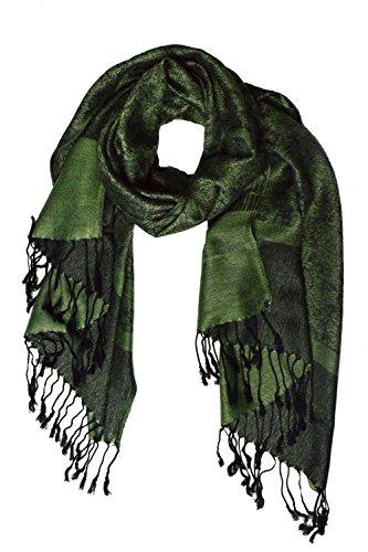 Elegant vintage jacquard paisley shawl wrap scarf in forest green and black.