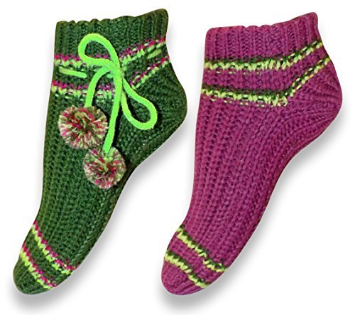 Womens Non Skid Crochet Knitted Sweater Pom Pom Slipper Socks Booties 2 Pack