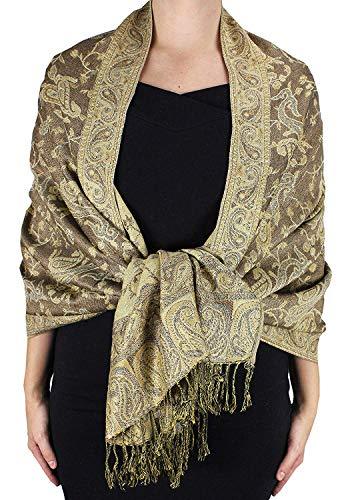 Elegant double layer reversible pashmina shawl wrap scarf featuring a sage and black paisley pattern with fringed edges.