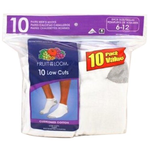 Fruit of the Loom Men's Value 10 Pack Low Cut Socks, size 6-12 (Large), White/Gray