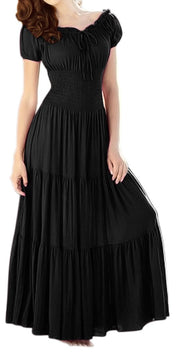 Peach Couture Gypsy Boho Cap Sleeves Smocked Waist Tiered Renaissance Maxi Dress Black, XL