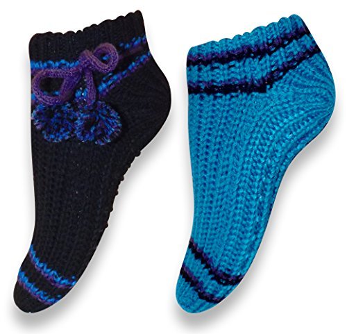 Womens Non Skid Crochet Knitted Sweater Pom Pom Slipper Socks Booties 2 Pack