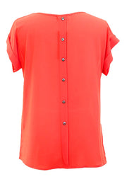 Peach Couture Chiffon Scoop Neck Back Button Down Top w/Patch Pocket