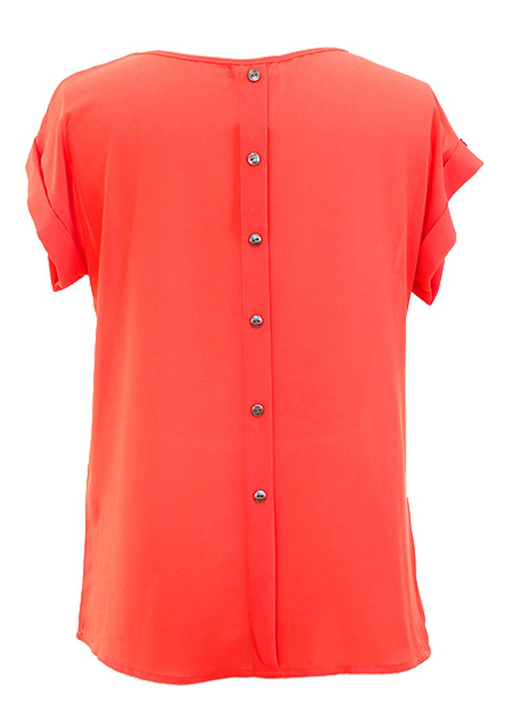 Peach Couture Chiffon Scoop Neck Back Button Down Top w/Patch Pocket