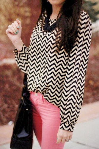 Womens Charming Chevron Scoop Neck Long Sleeves Blouse