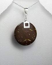 Natural Dark Brown Coconut Wood and Sterling Silver Pendant