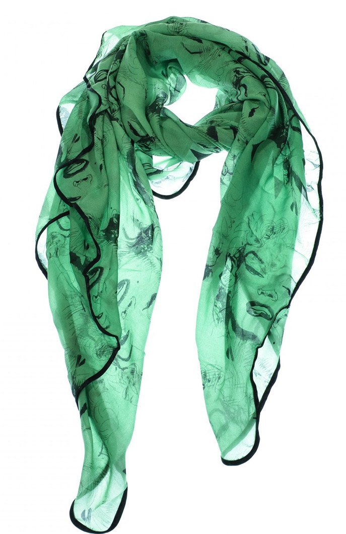 Green Vintage Chiffon Feel Marilyn Monroe Design Scarf/wrap w/Silk Black Border