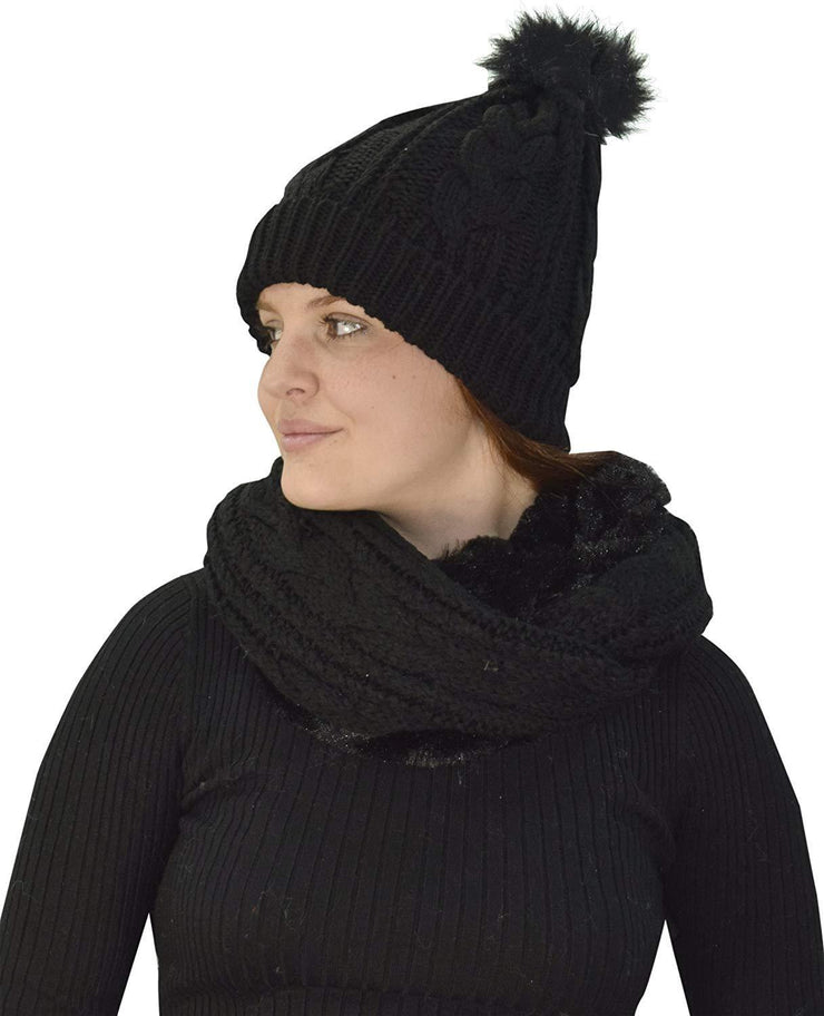 Black 97 Peach Couture Thick Warm Crochet Beanie Hat & Plush Fur Lined Infinity Loop Scarf Set