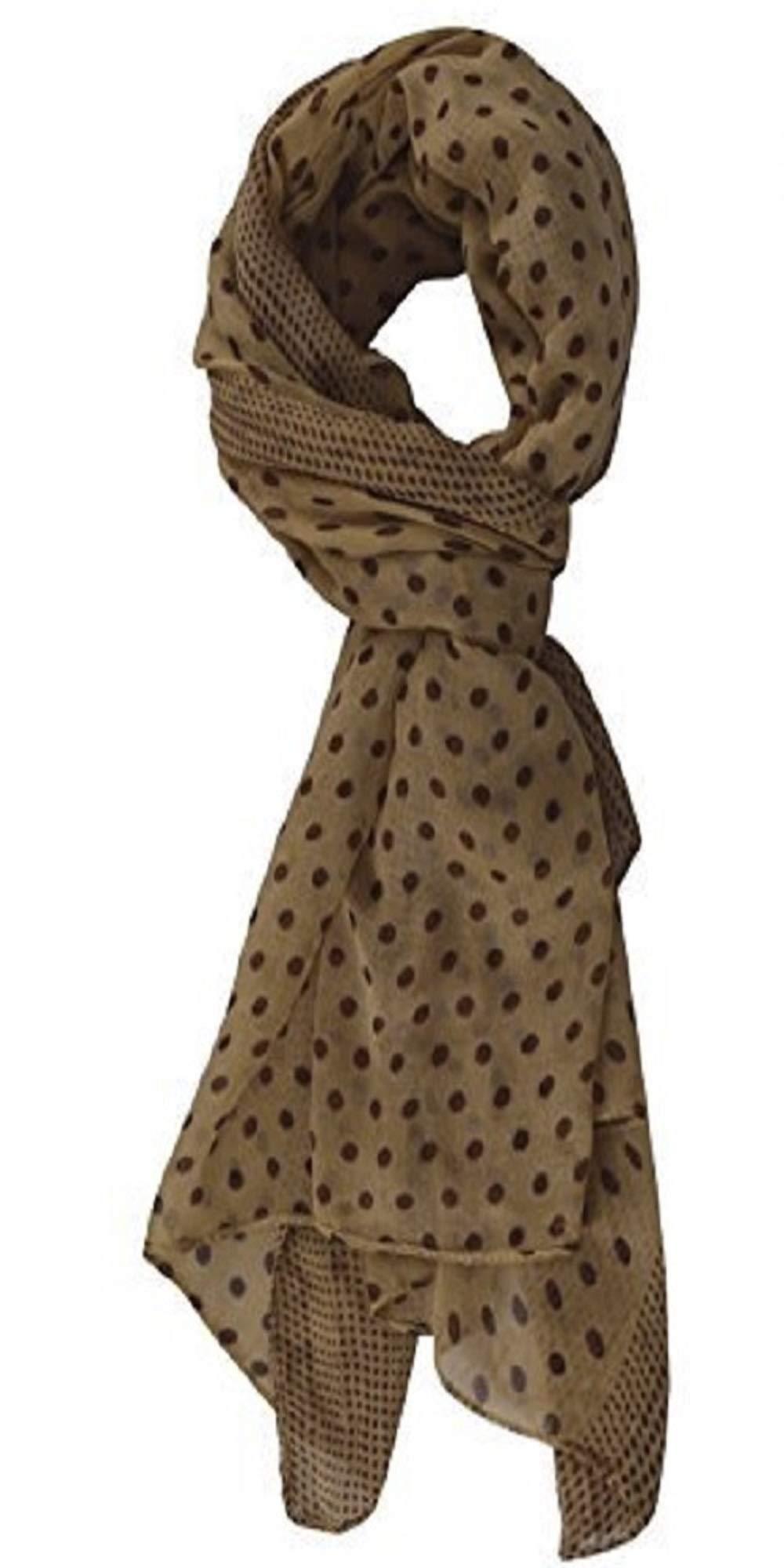 Tan and brown polka dot sheer lightweight polyester scarf for women.