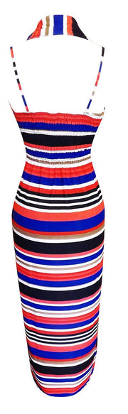 Colorful Light Striped Halter Backless Beach Vacation Maxi Dress