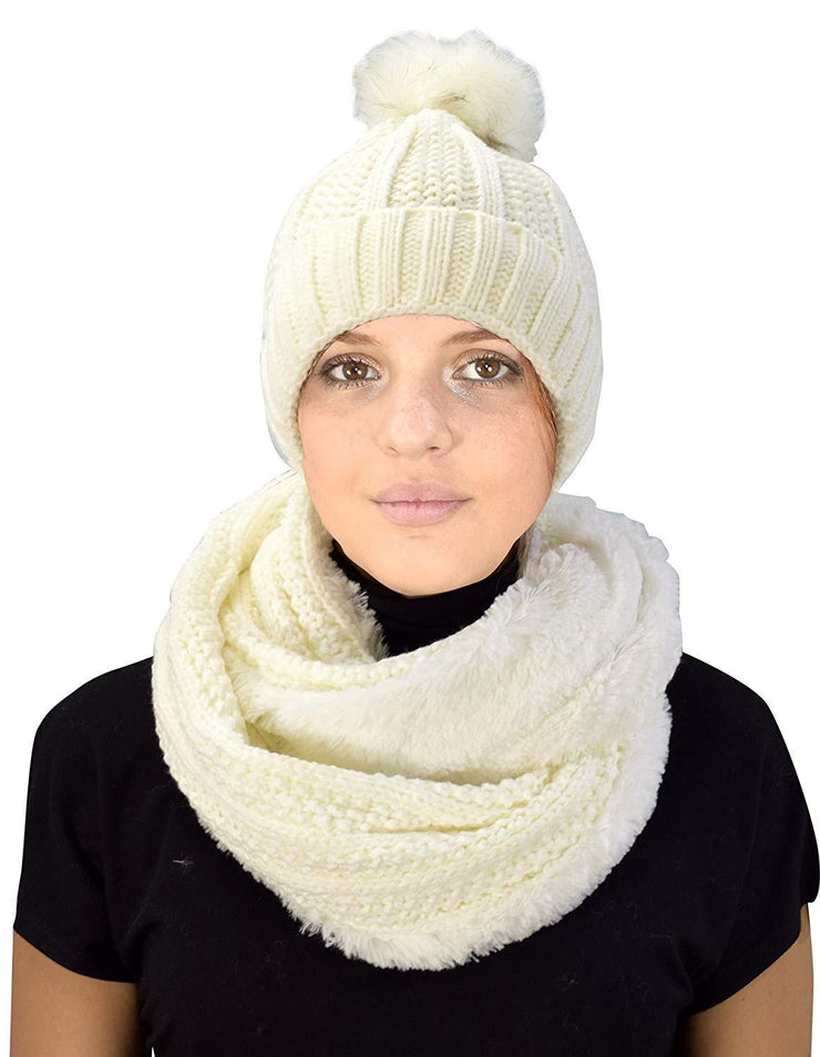 Cream 98 Peach Couture Thick Warm Crochet Beanie Hat & Plush Fur Lined Infinity Loop Scarf Set