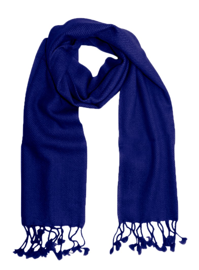 Royal blue pure cashmere wool scarf with hand-knotted fringes and soft texture for winter warmth