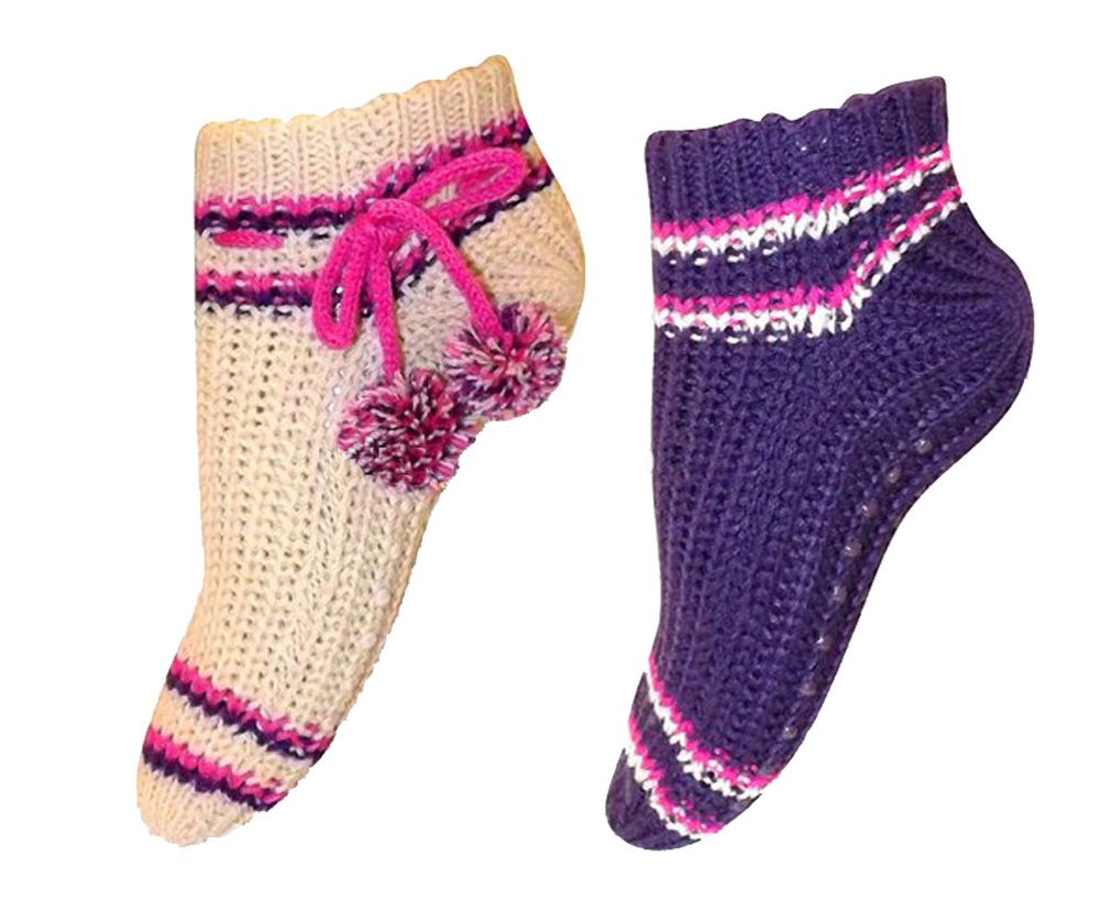 Womens Non Skid Crochet Knitted Sweater Pom Pom Slipper Socks Booties 2 Pack