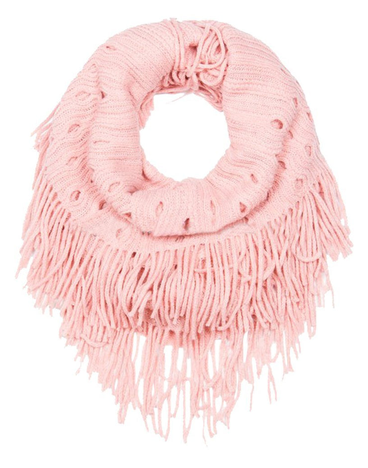 Pink Peach Couture Warm Bohemian Crochet Hand Knitted Fringe Infinity Loop Scarf Wrap