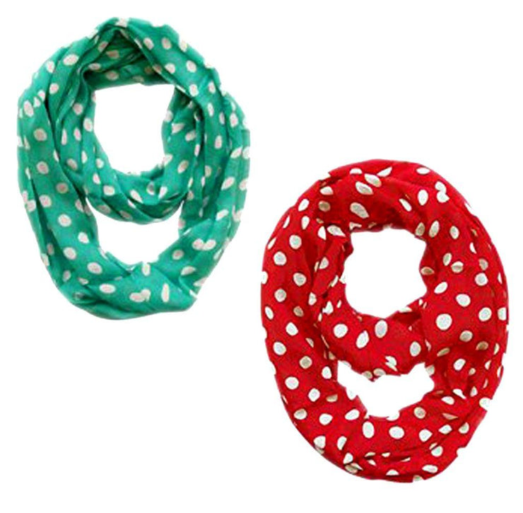 Red and Teal Peach Couture Light and Sheer Polka Dot Circle Print Infinity Loop Scarf