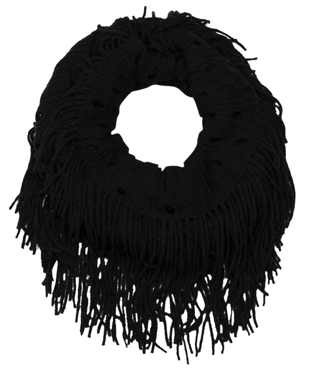 Black warm bohemian crochet hand-knitted infinity loop scarf with fringe detail.