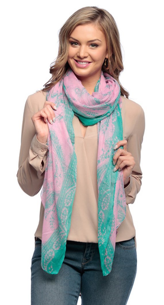 Pink Teal Peach Couture Summer Fashion Light Weight Paisley Design Scarf Sarong Shawl Wrap