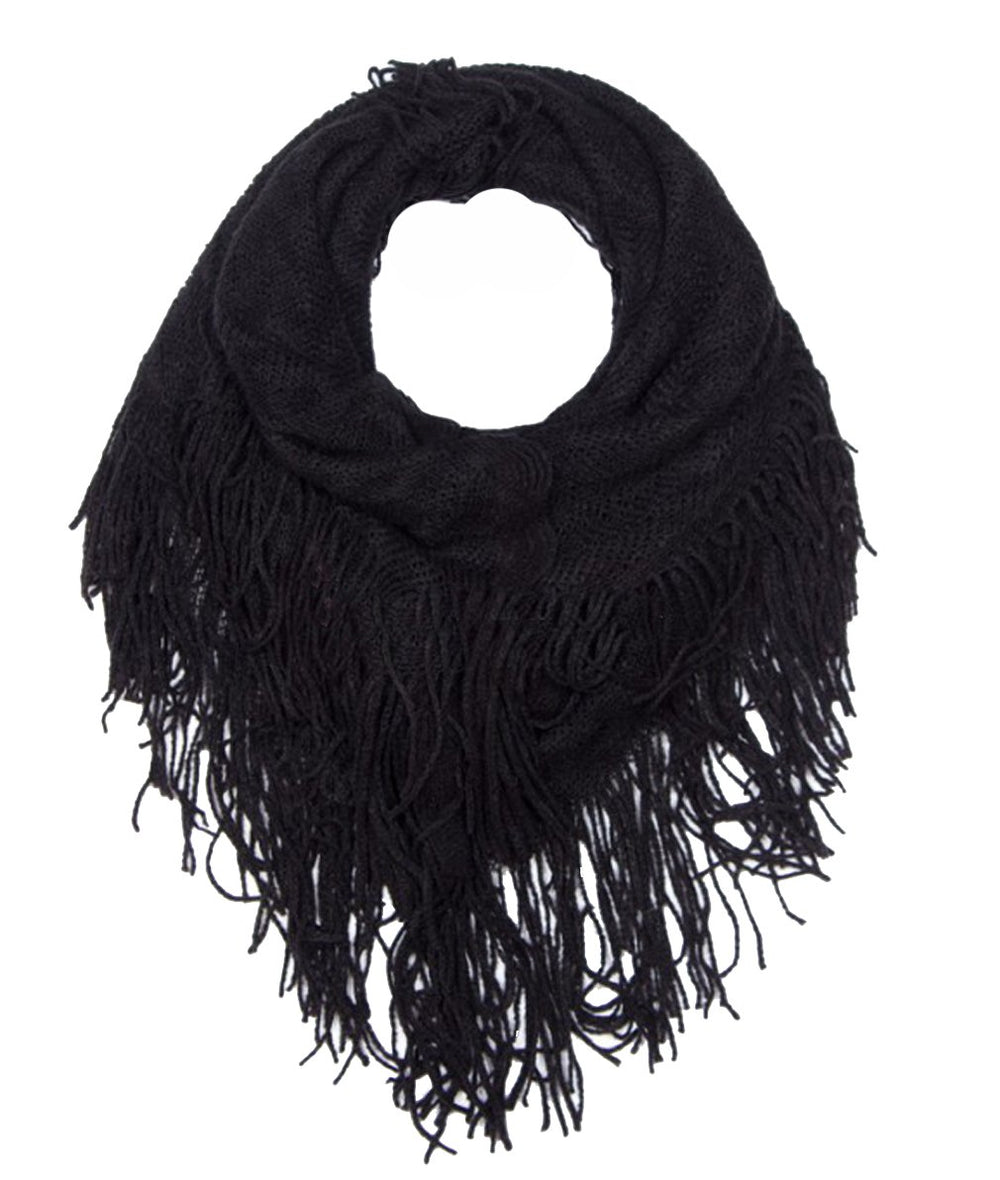 Red and white winter knit infinity loop scarf featuring a chevron zigzag pattern and fringe trim.