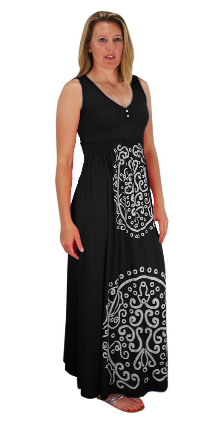 Sleeveless Smocked Damask Embossed Long Maxi Dress