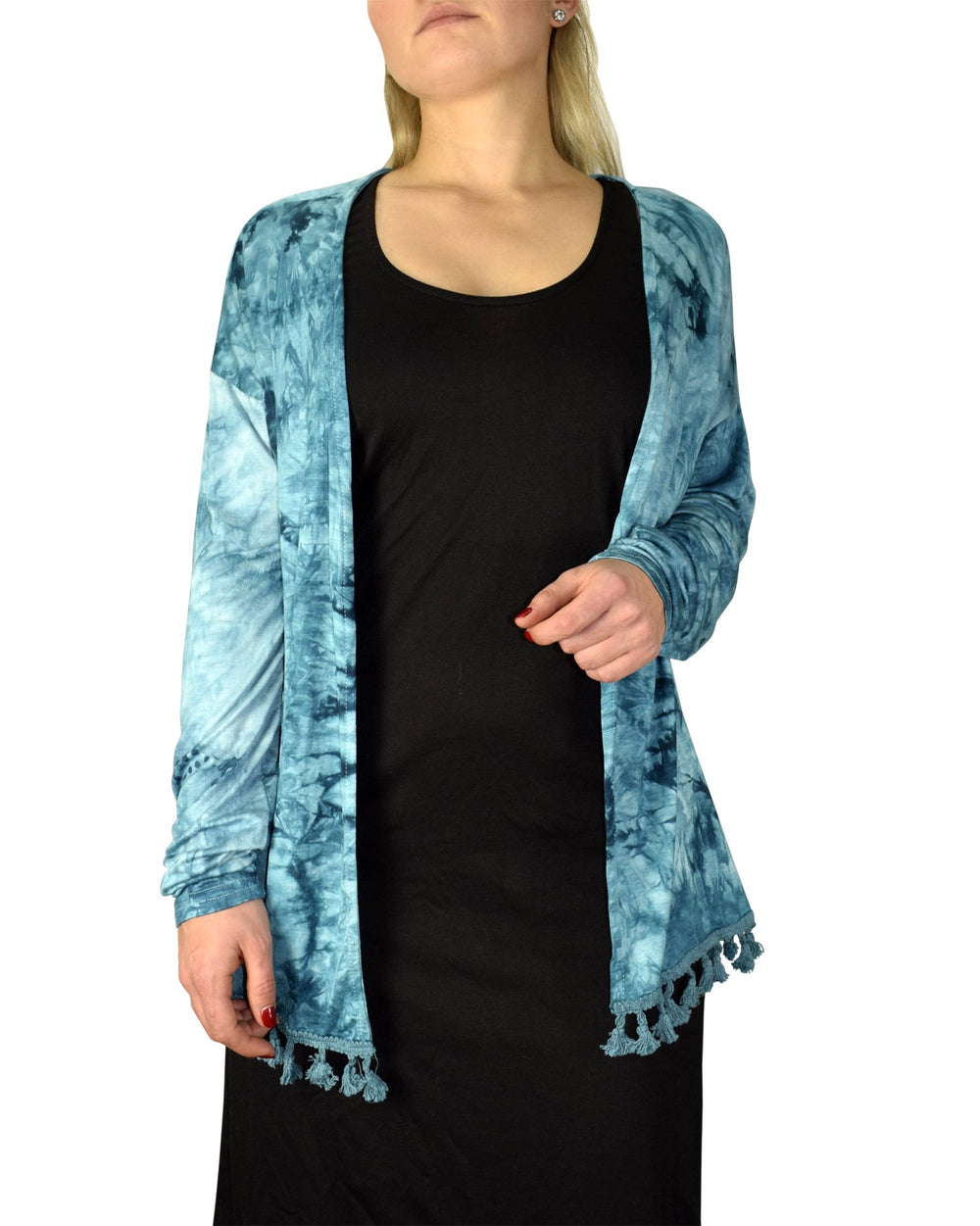 Tie-dyed cascading drape cardigan with an asymmetric hem and open front design