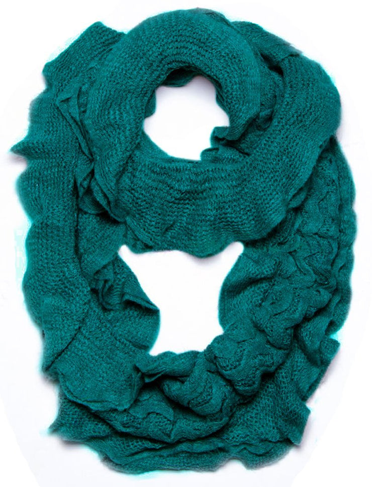 Dark Teal Peach Couture Trendy and Chic Ruffle Edge Thick Knitted Circle Infinity Loop Scarf