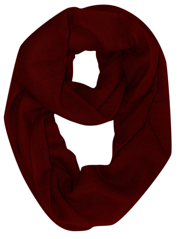 Maroon cashmere wool infinity loop scarf wrapped for warmth and style