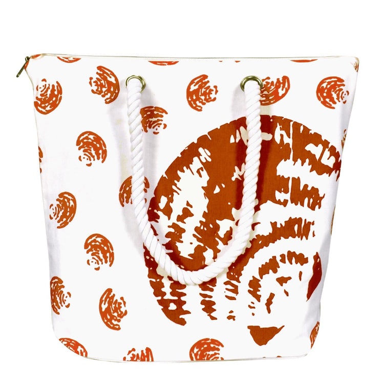 100% Cotton Seashells Print Canvas Classy Beach Tote Handbags - Orange