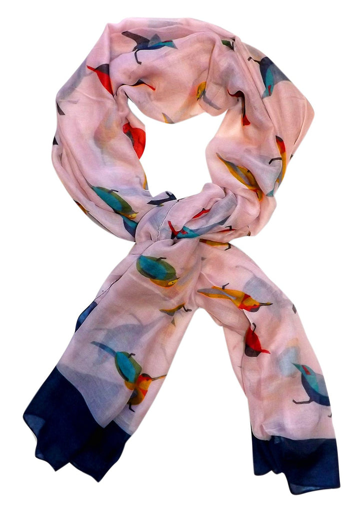 Lightweight summer and fall bird print scarf with a multicolor graphic design