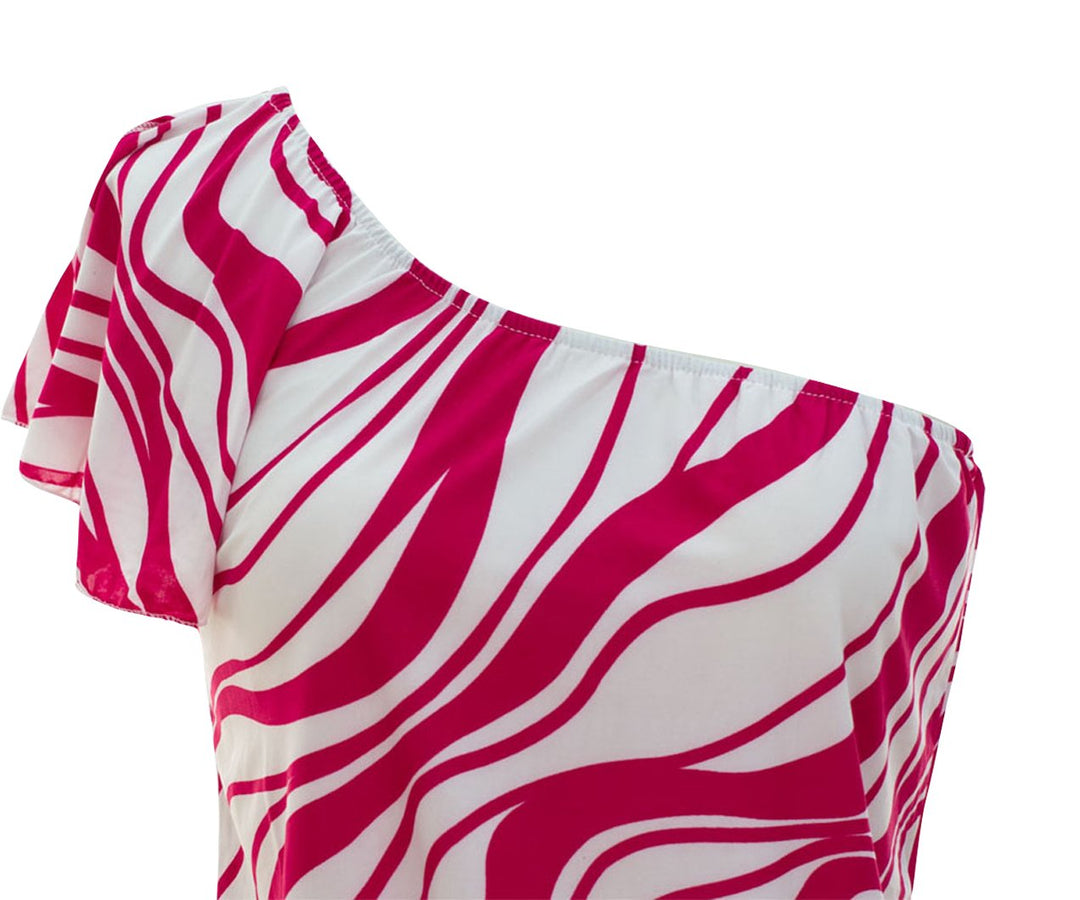 Women's Wave Print Shirred Waist One Shoulder Tops
