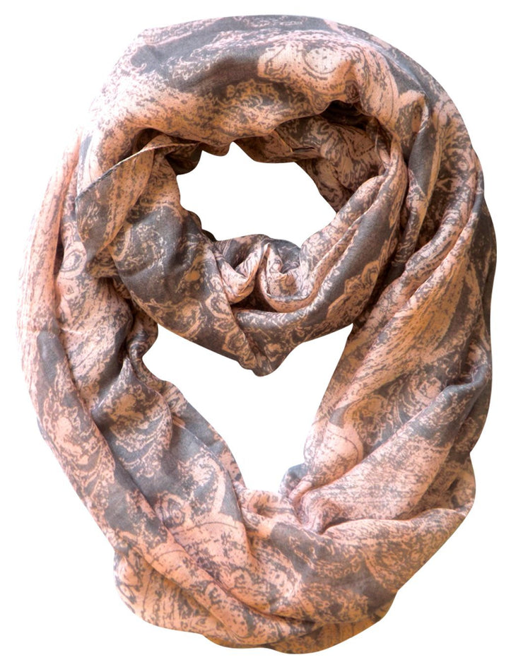 Pastel Pink/Grey Peach Couture Goddess Paisley Infinity Loop Scarf