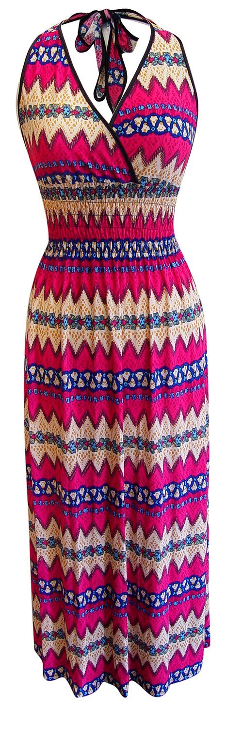 Peach Couture Bohemian Chevron Pattern V Neck Smocked Waist Halter Maxi Dress