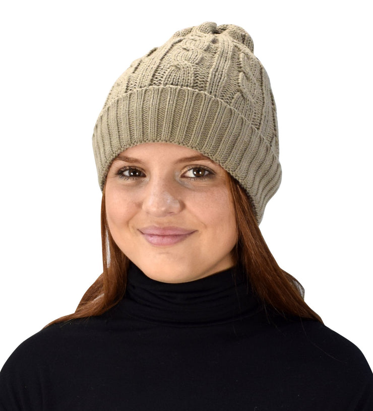 Double Layer Fleece Lined Unisex Cable Knit Winter Beanie Hat Cap