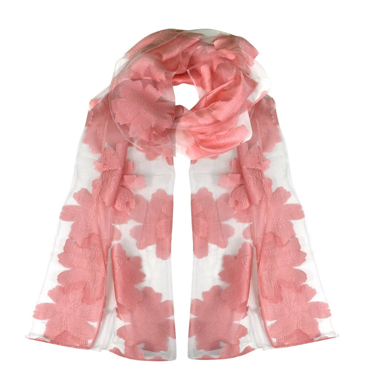 White Pink Summer Fashion Lightweight Floral Embroidered Burnout Scarf