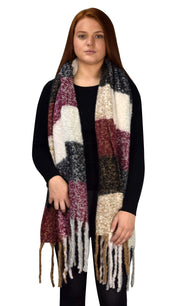 Winter Soft and Warm Casual Knitted Plaid Chunky Wrap Scarf with Tassels Magenta