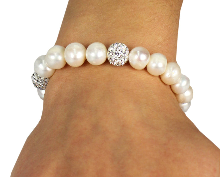 Sterling Silver Freshwater Cultivated Natural Pearl & Crystal Bracelet