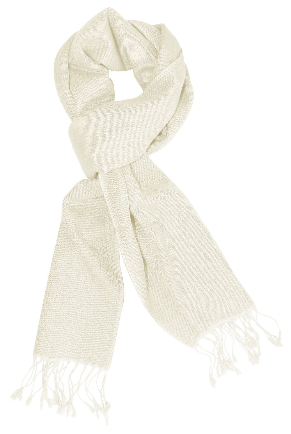 Off-white cashmere and silk scarf with a soft jacquard texture and fringed edges draped elegantly to show the delicate blend of fibers.
