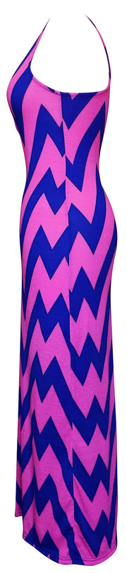 Women's Chevron Boho Chic Maxi Spring Summer Dress 2 Tone (XL, Pink/Navy)
