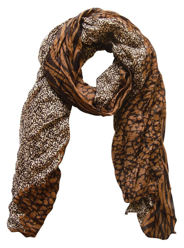 Brown & Tan Peach Couture All Seasons Retro Zebra and Leopard Print Crinkle Scarf