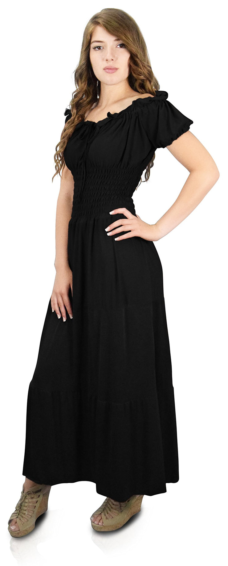 Peach Couture Gypsy Boho Cap Sleeves Smocked Waist Tiered Renaissance Maxi Dress Black, XL