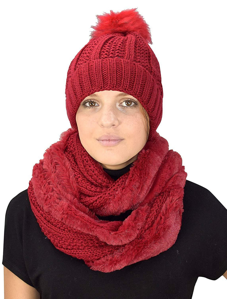 Red 98 Peach Couture Thick Warm Crochet Beanie Hat & Plush Fur Lined Infinity Loop Scarf Set