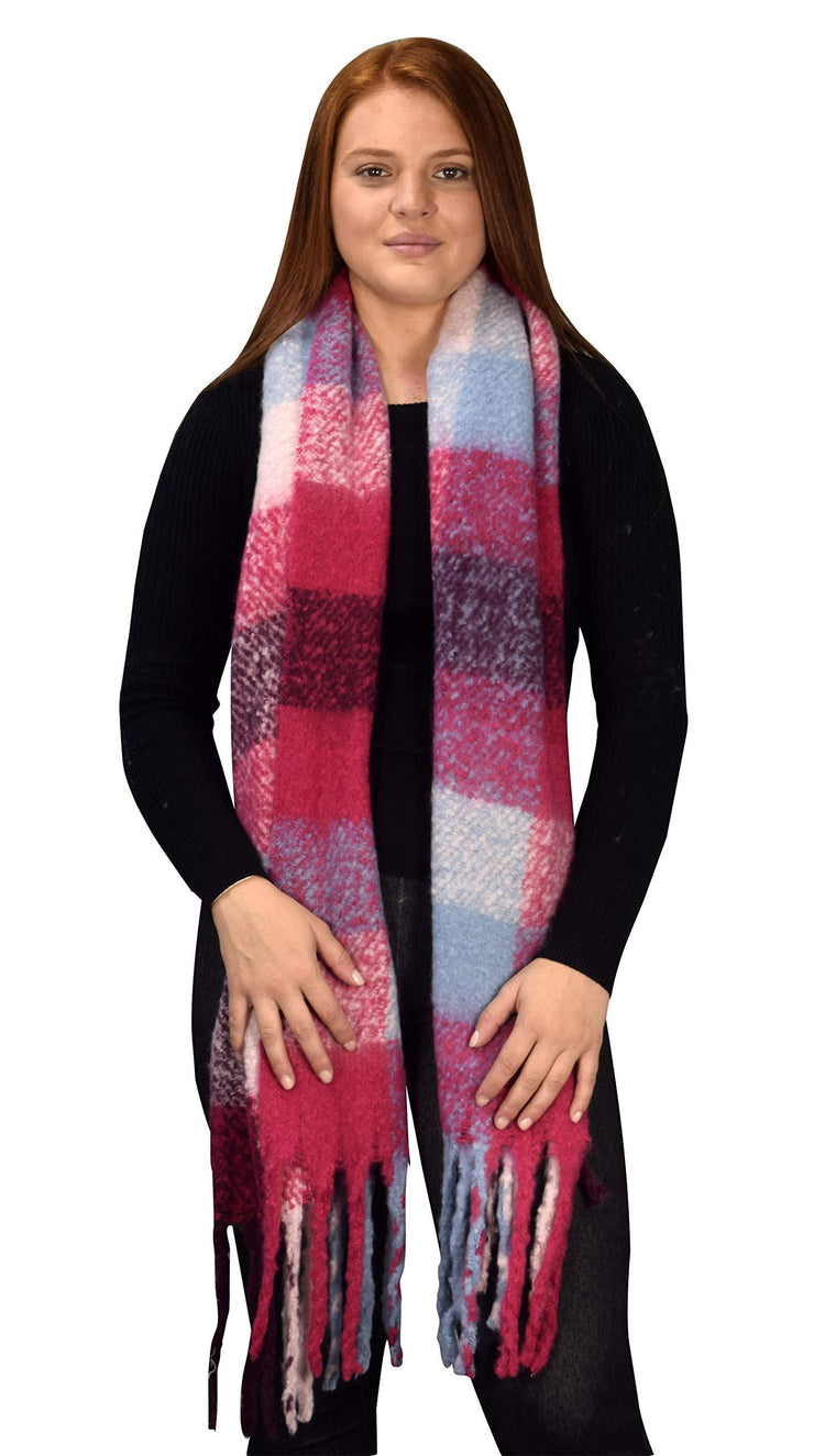 Winter Soft and Warm Casual Knitted Plaid Chunky Wrap Scarf with Tassels Magenta