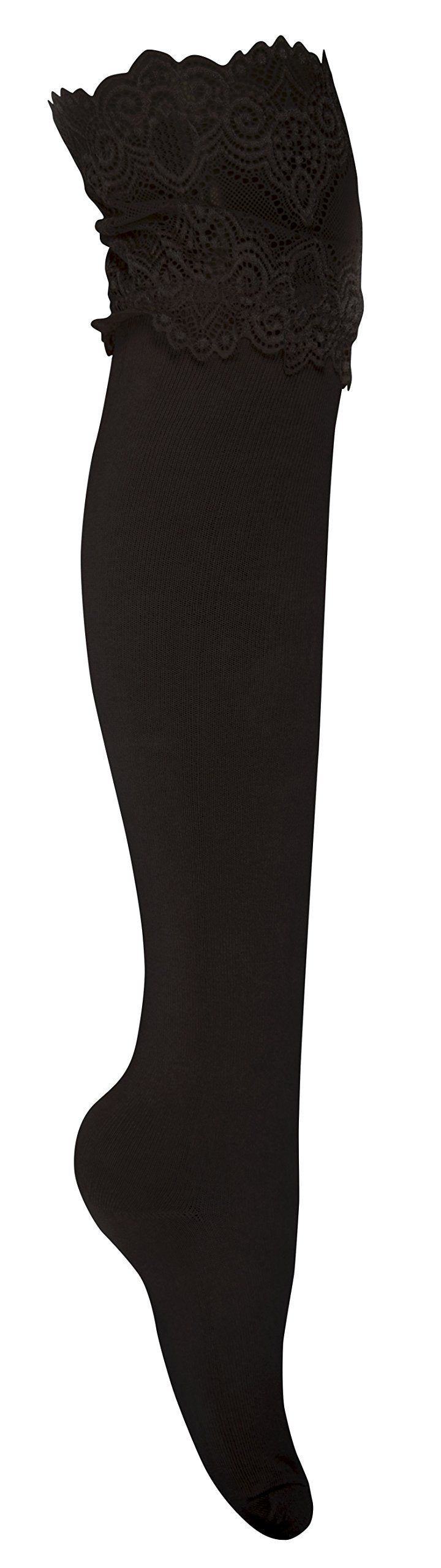 Wide-Lace Jersey Knit Knee-High Cotton Boot Socks - Ebony