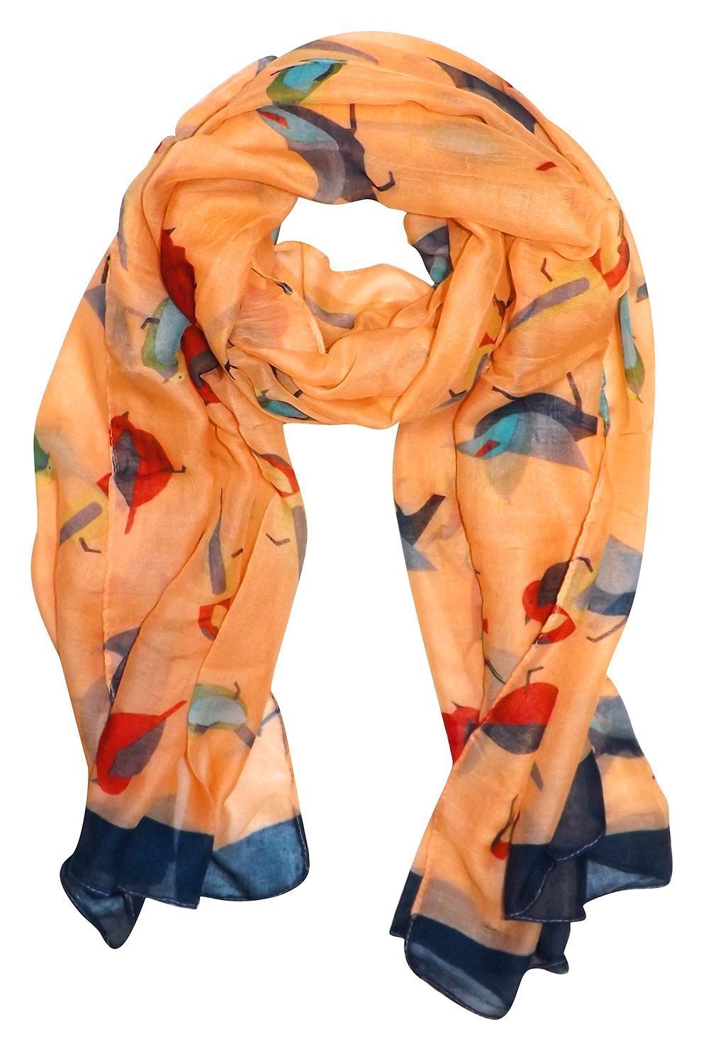 Lightweight peach vintage style scarf featuring a colorful graphic finch bird print pattern.