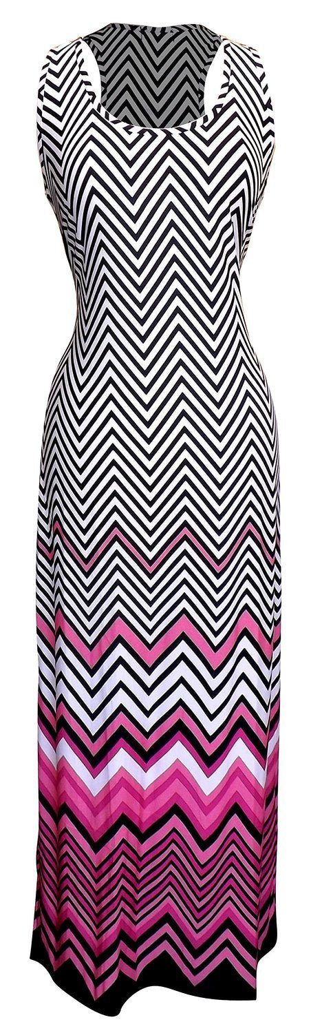 Womens Boho Maxi Striped Chevron Print Scoop Neck Tank Dress (Pink, Large)